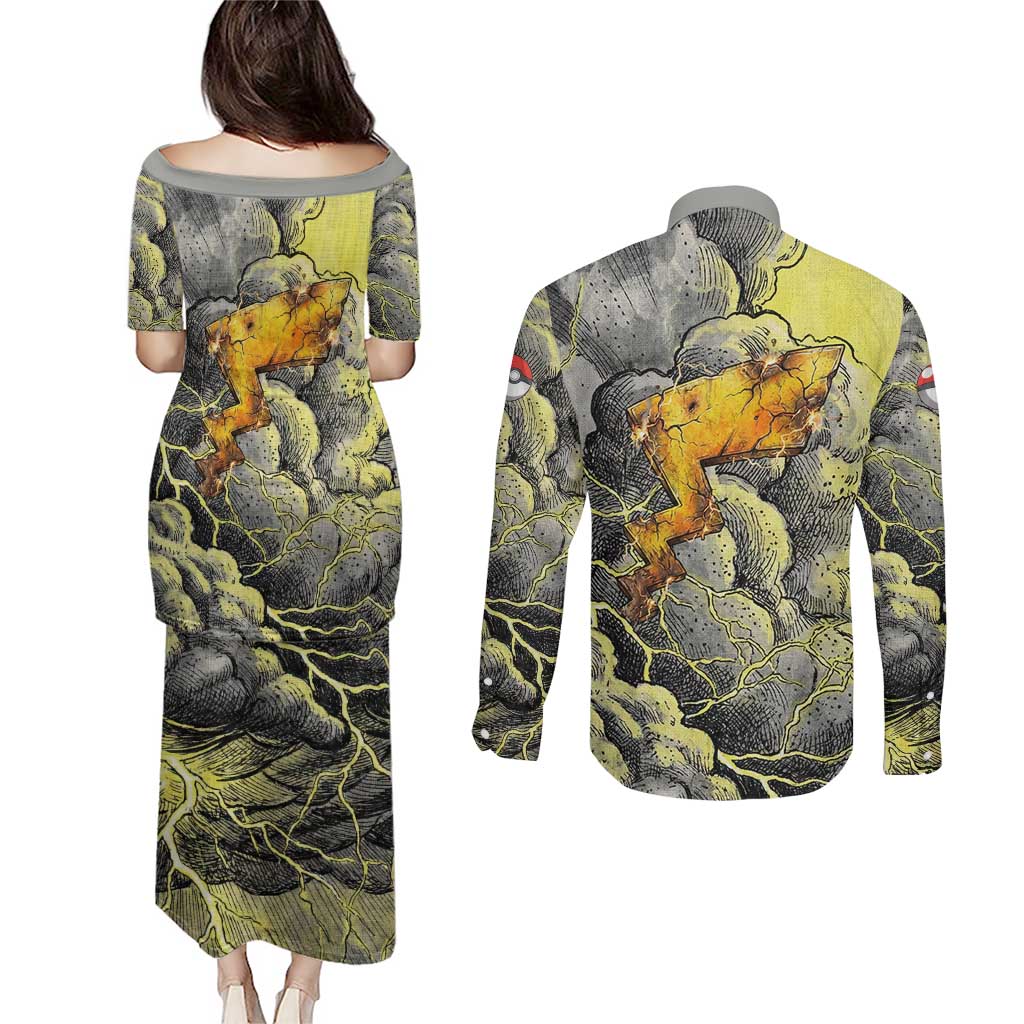 Pikachu Stormbreaker Edition Couples Matching Puletasi and Long Sleeve Button Shirt Pikachu Amid Thunder Clouds