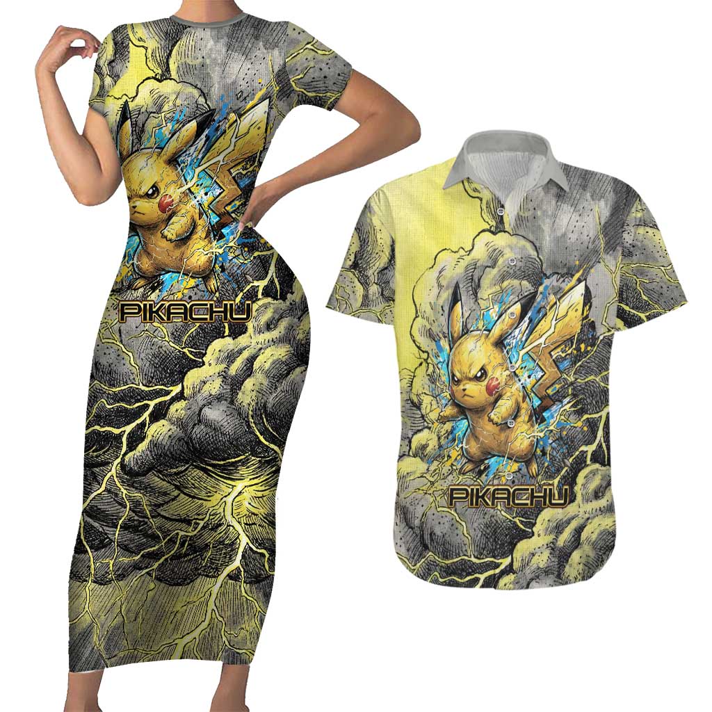 Pikachu Stormbreaker Edition Couples Matching Short Sleeve Bodycon Dress and Hawaiian Shirt Pikachu Amid Thunder Clouds
