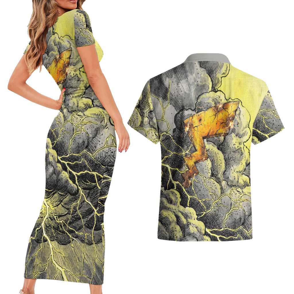 Pikachu Stormbreaker Edition Couples Matching Short Sleeve Bodycon Dress and Hawaiian Shirt Pikachu Amid Thunder Clouds