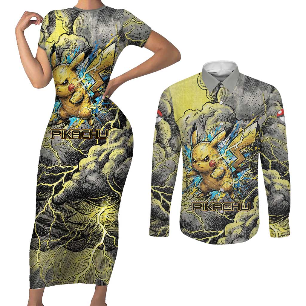 Pikachu Stormbreaker Edition Couples Matching Short Sleeve Bodycon Dress and Long Sleeve Button Shirt Pikachu Amid Thunder Clouds