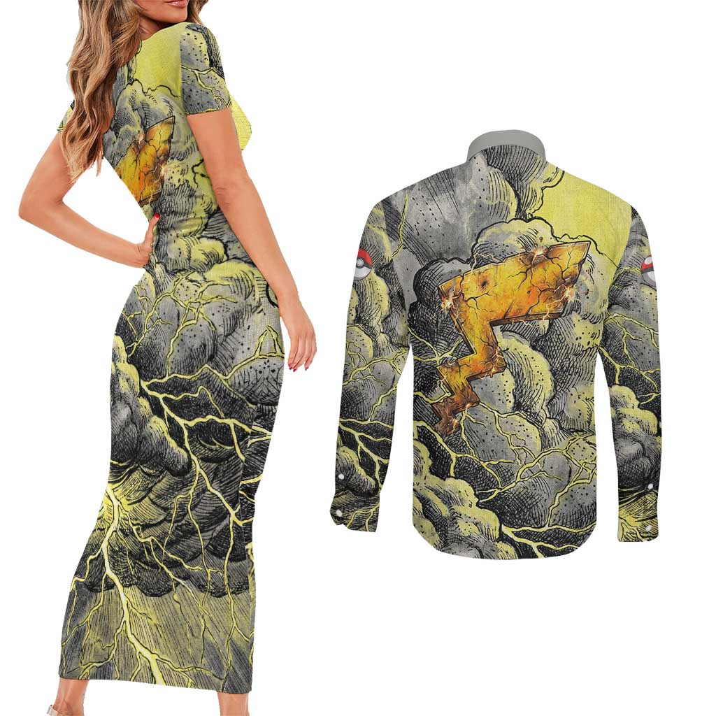 Pikachu Stormbreaker Edition Couples Matching Short Sleeve Bodycon Dress and Long Sleeve Button Shirt Pikachu Amid Thunder Clouds