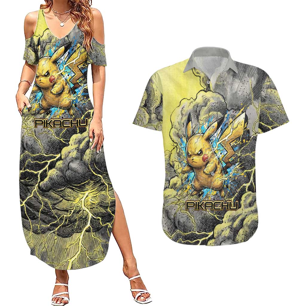 Pikachu Stormbreaker Edition Couples Matching Summer Maxi Dress and Hawaiian Shirt Pikachu Amid Thunder Clouds