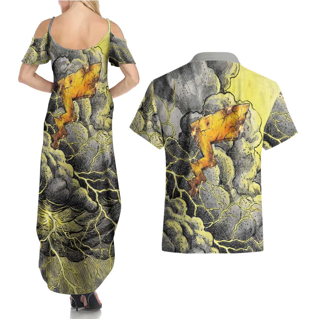Pikachu Stormbreaker Edition Couples Matching Summer Maxi Dress and Hawaiian Shirt Pikachu Amid Thunder Clouds