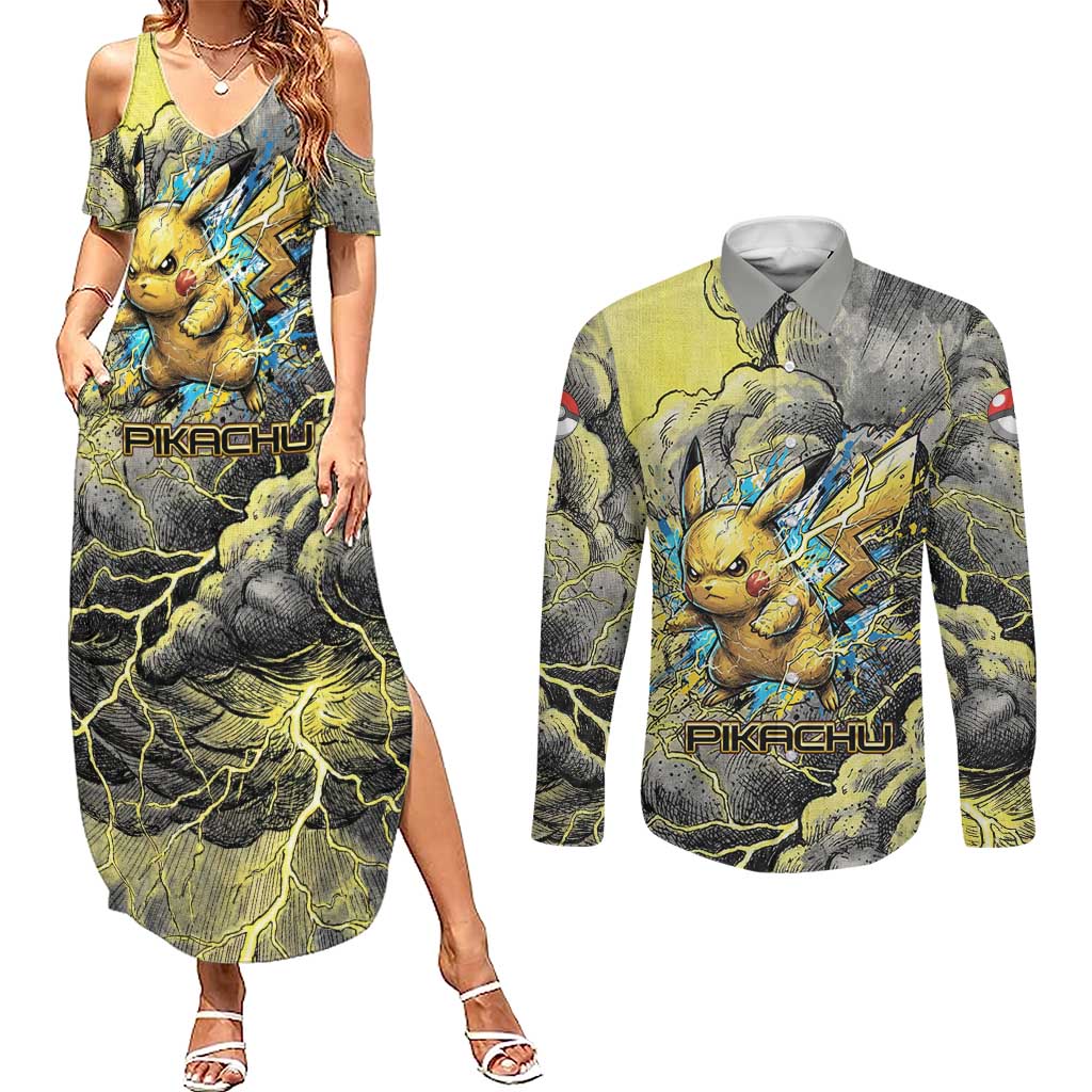 Pikachu Stormbreaker Edition Couples Matching Summer Maxi Dress and Long Sleeve Button Shirt Pikachu Amid Thunder Clouds
