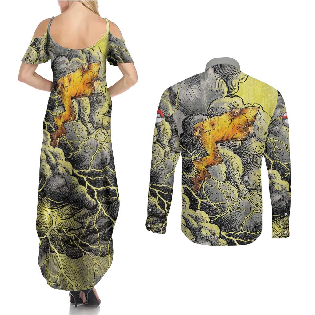 Pikachu Stormbreaker Edition Couples Matching Summer Maxi Dress and Long Sleeve Button Shirt Pikachu Amid Thunder Clouds
