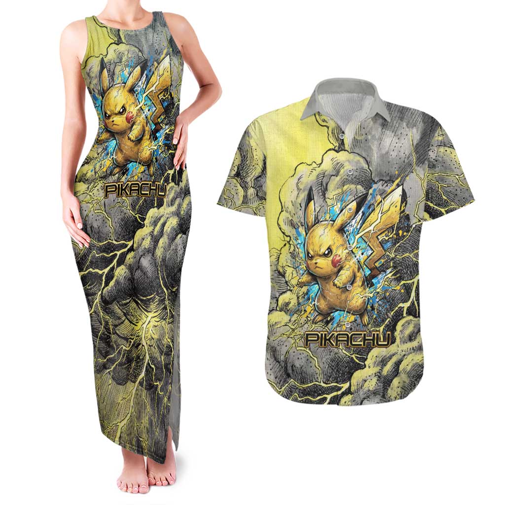 Pikachu Stormbreaker Edition Couples Matching Tank Maxi Dress and Hawaiian Shirt Pikachu Amid Thunder Clouds