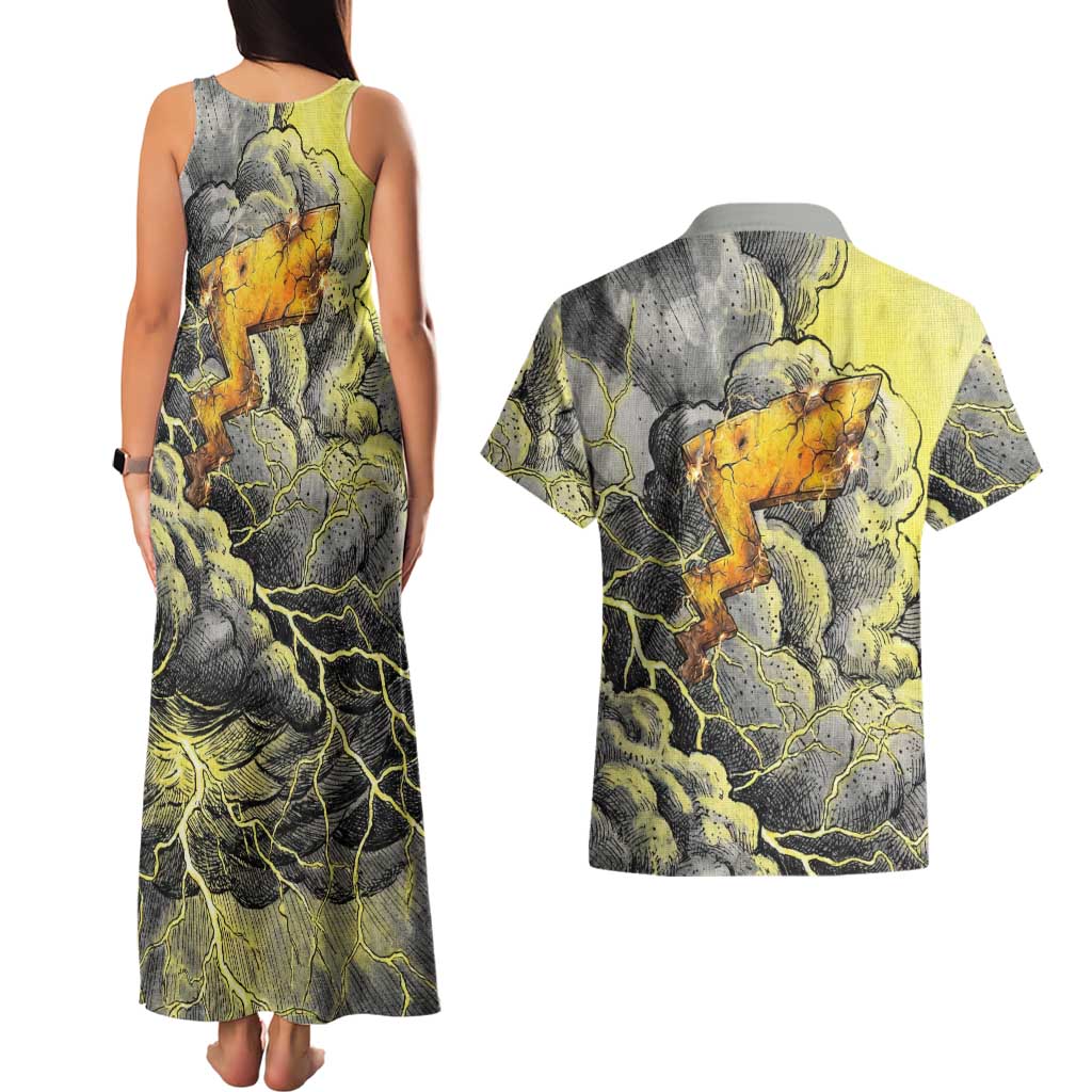 Pikachu Stormbreaker Edition Couples Matching Tank Maxi Dress and Hawaiian Shirt Pikachu Amid Thunder Clouds