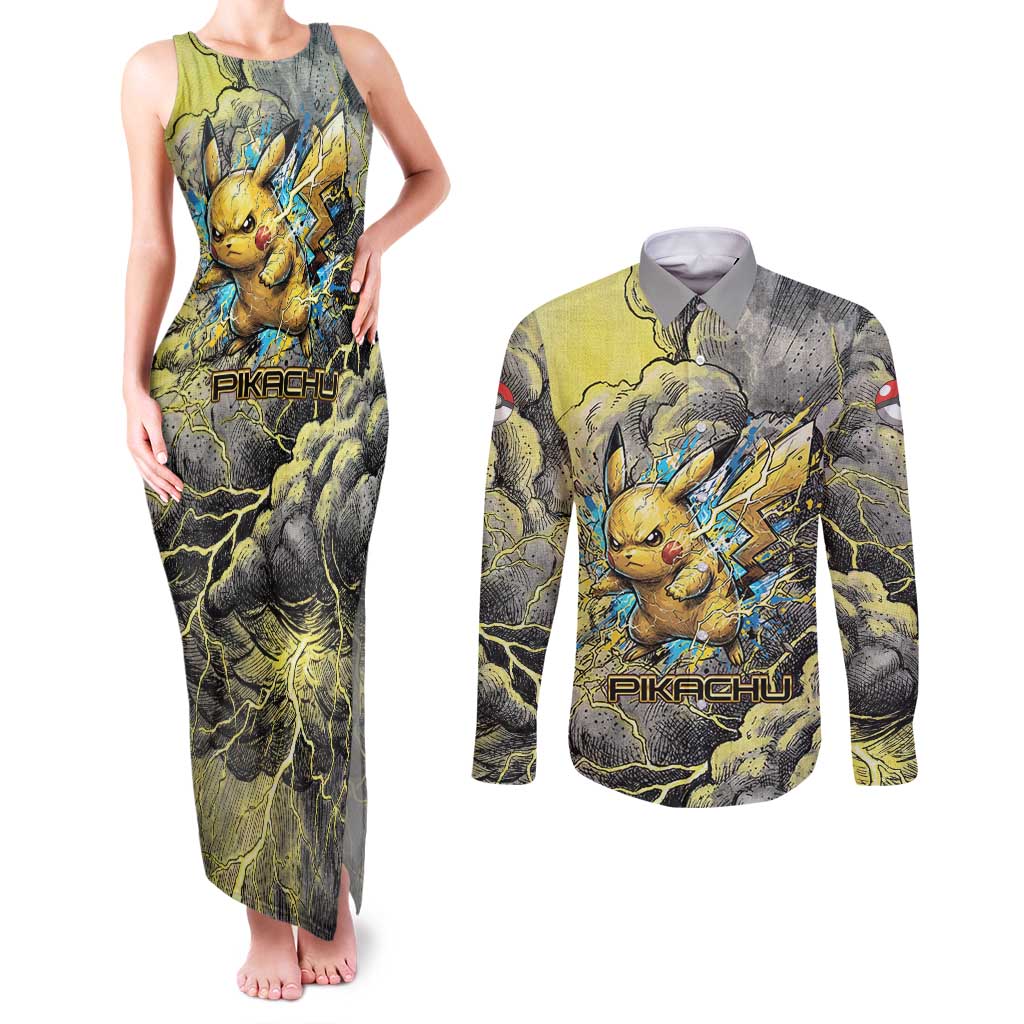 Pikachu Stormbreaker Edition Couples Matching Tank Maxi Dress and Long Sleeve Button Shirt Pikachu Amid Thunder Clouds