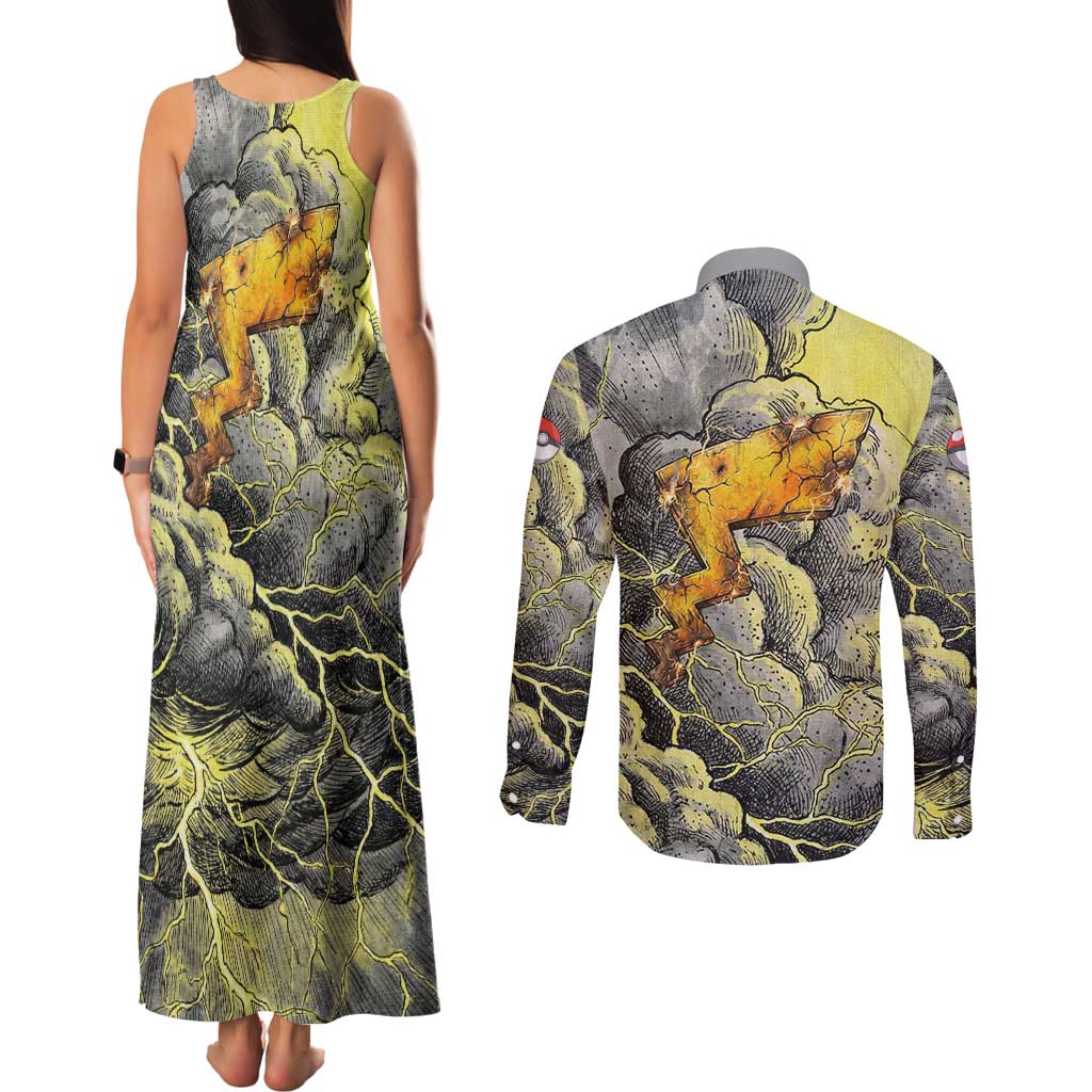 Pikachu Stormbreaker Edition Couples Matching Tank Maxi Dress and Long Sleeve Button Shirt Pikachu Amid Thunder Clouds