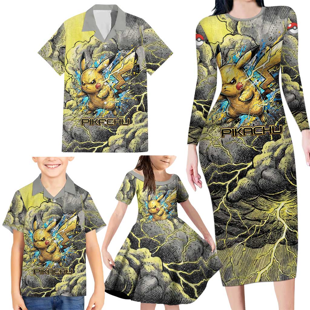 Pikachu Stormbreaker Edition Family Matching Long Sleeve Bodycon Dress and Hawaiian Shirt Pikachu Amid Thunder Clouds