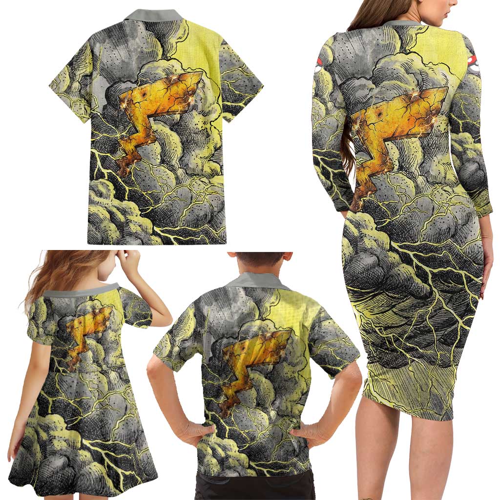 Pikachu Stormbreaker Edition Family Matching Long Sleeve Bodycon Dress and Hawaiian Shirt Pikachu Amid Thunder Clouds