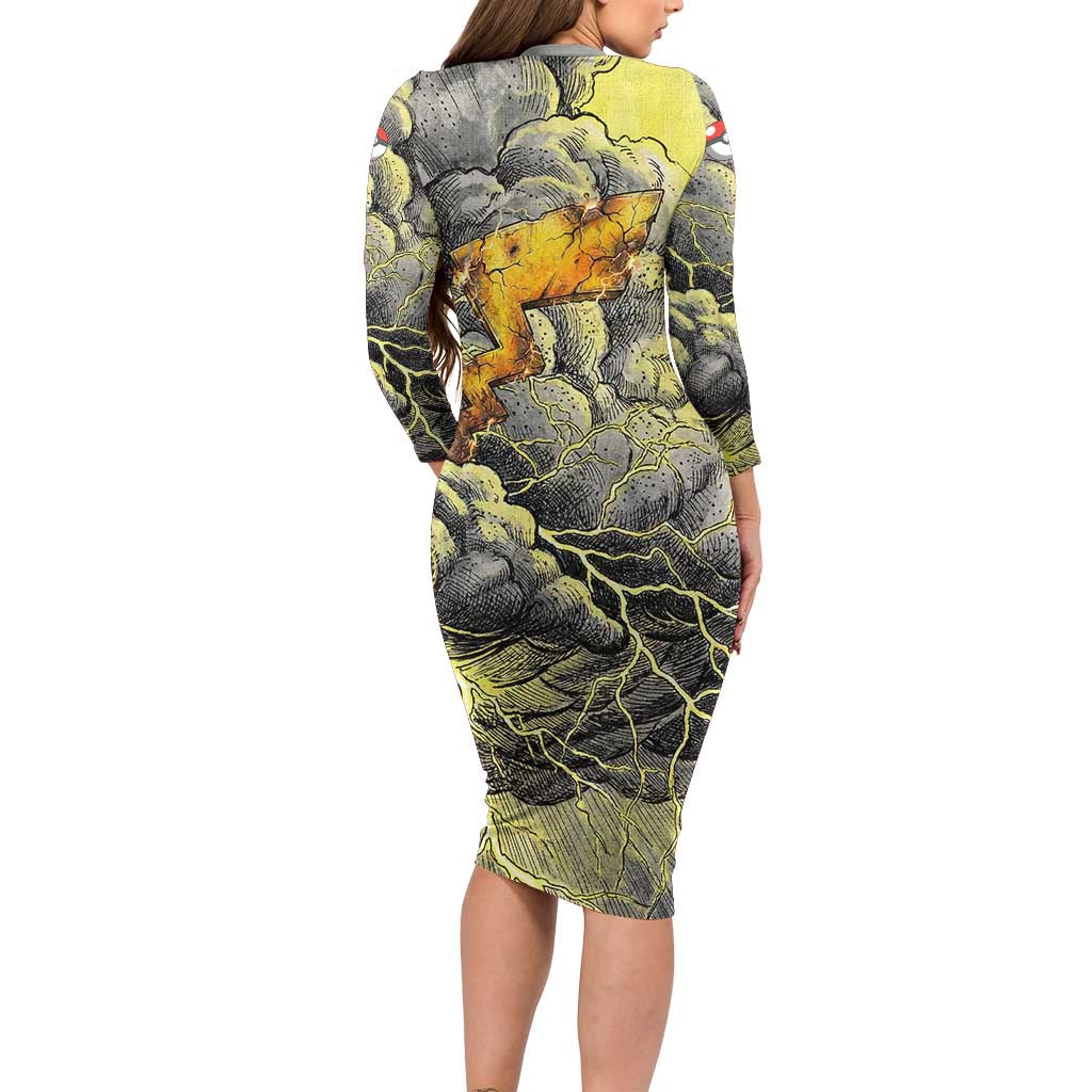 Pikachu Stormbreaker Edition Family Matching Long Sleeve Bodycon Dress and Hawaiian Shirt Pikachu Amid Thunder Clouds