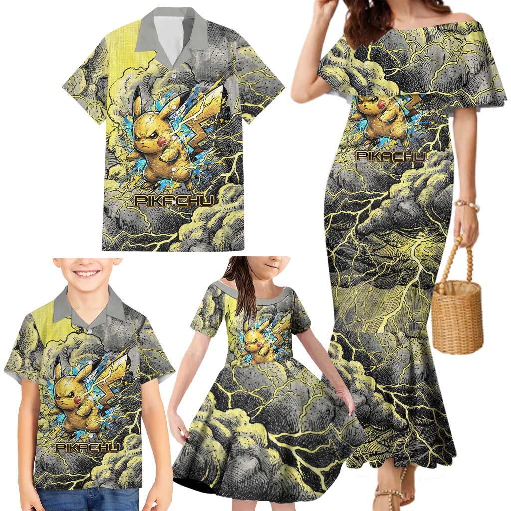 Pikachu Stormbreaker Edition Family Matching Mermaid Dress and Hawaiian Shirt Pikachu Amid Thunder Clouds