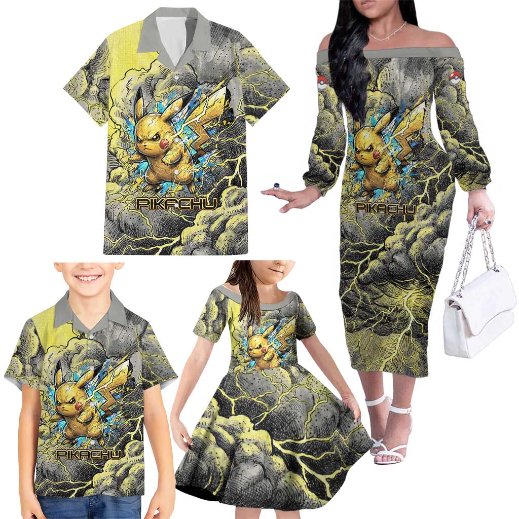 Pikachu Stormbreaker Edition Family Matching Off The Shoulder Long Sleeve Dress and Hawaiian Shirt Pikachu Amid Thunder Clouds