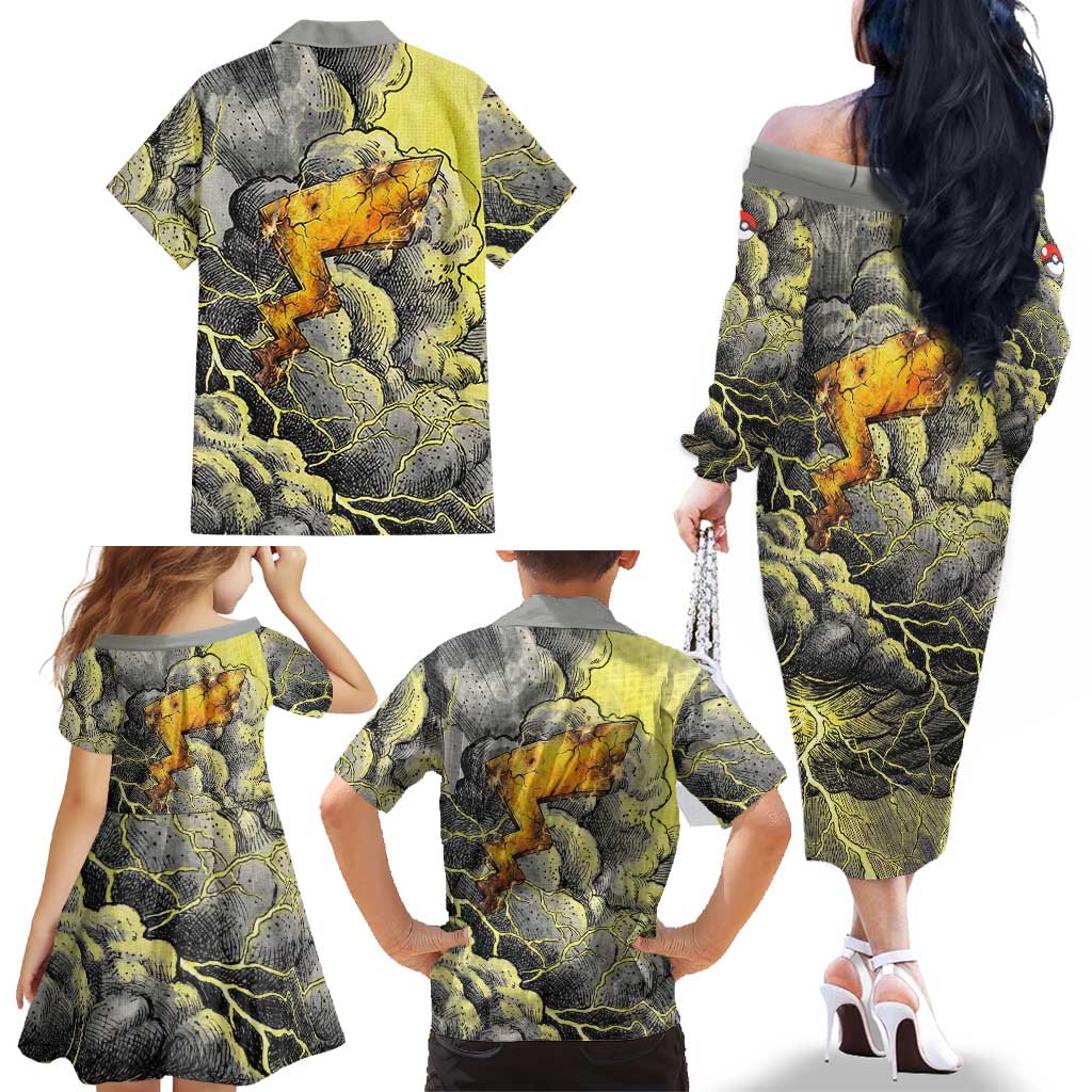 Pikachu Stormbreaker Edition Family Matching Off The Shoulder Long Sleeve Dress and Hawaiian Shirt Pikachu Amid Thunder Clouds