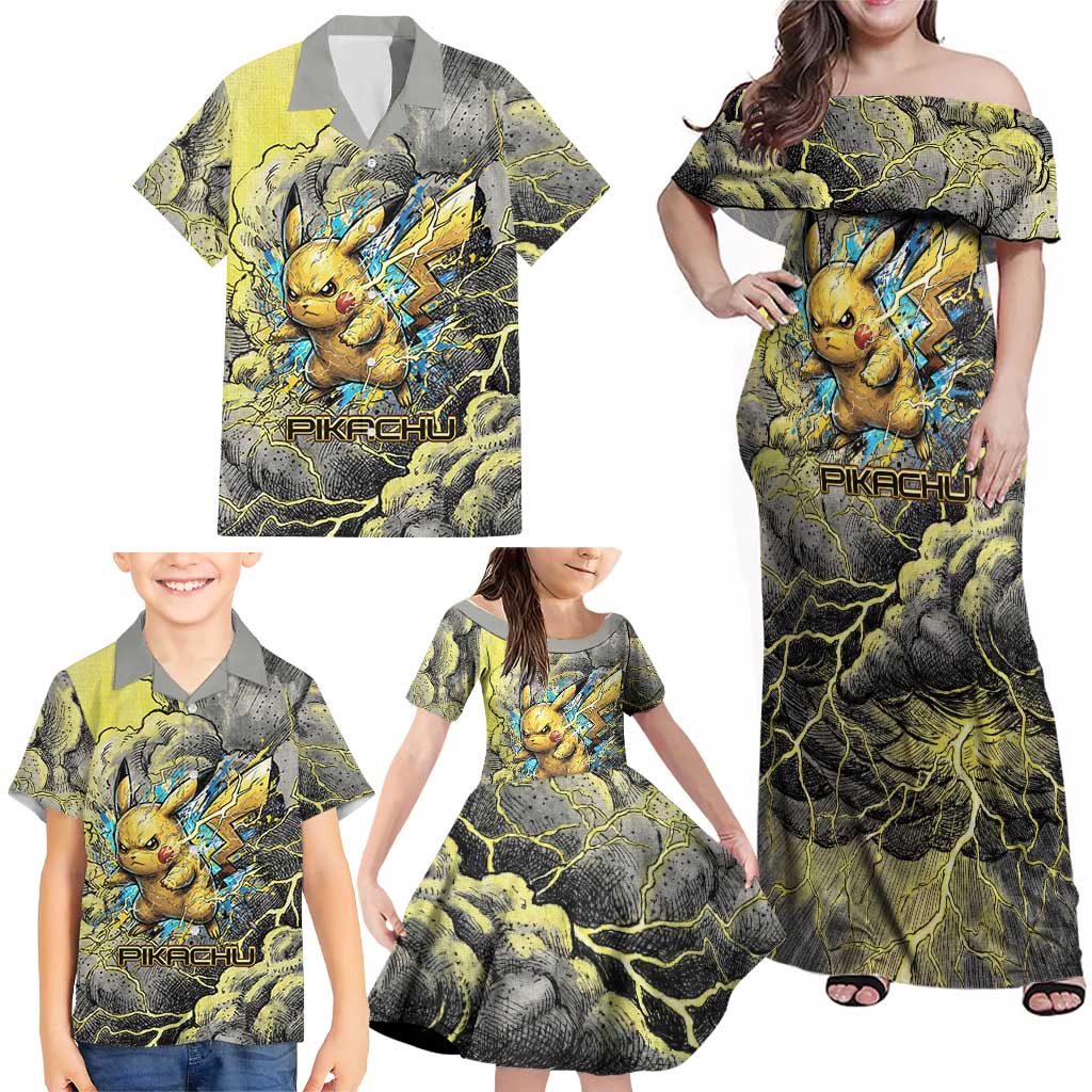 Pikachu Stormbreaker Edition Family Matching Off Shoulder Maxi Dress and Hawaiian Shirt Pikachu Amid Thunder Clouds