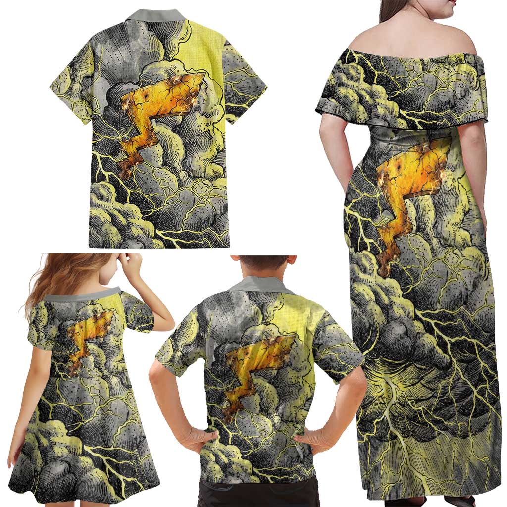 Pikachu Stormbreaker Edition Family Matching Off Shoulder Maxi Dress and Hawaiian Shirt Pikachu Amid Thunder Clouds