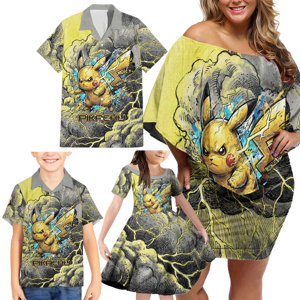 Pikachu Stormbreaker Edition Family Matching Off Shoulder Short Dress and Hawaiian Shirt Pikachu Amid Thunder Clouds