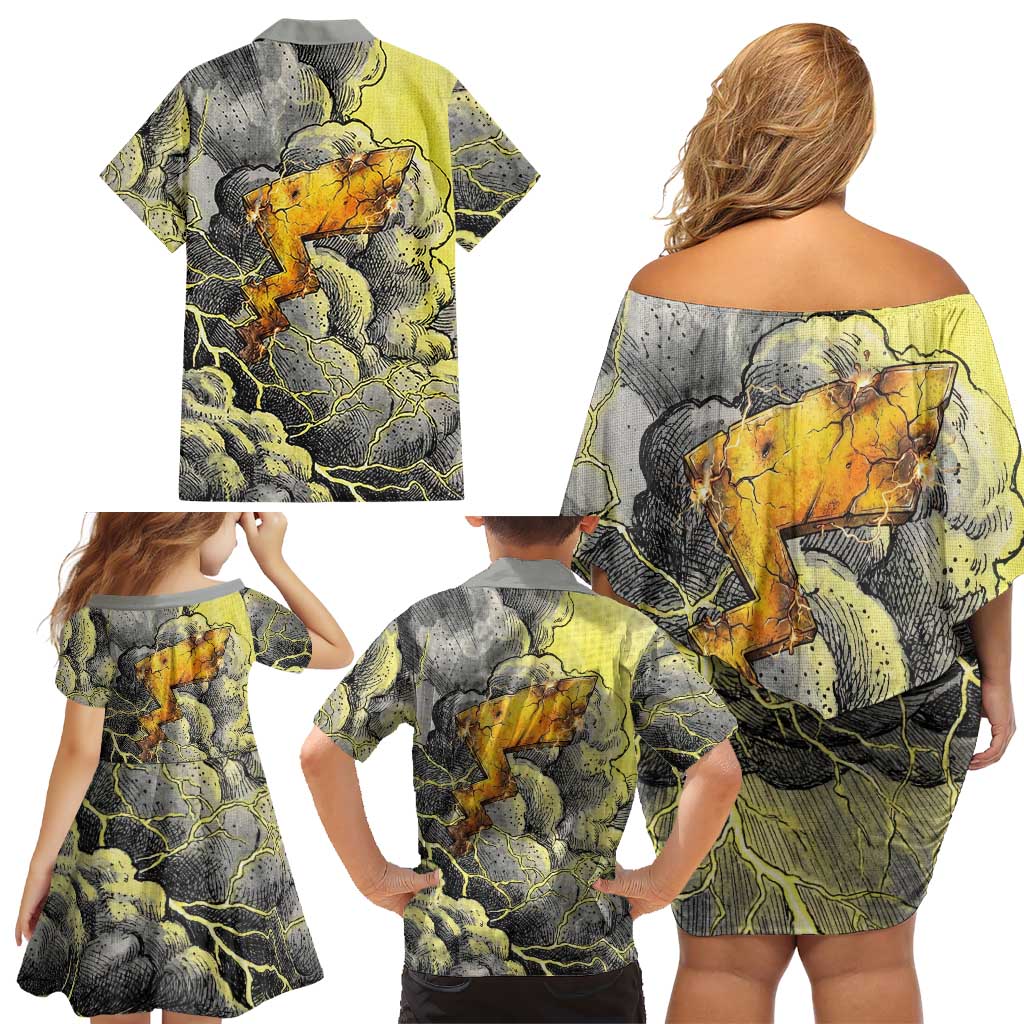 Pikachu Stormbreaker Edition Family Matching Off Shoulder Short Dress and Hawaiian Shirt Pikachu Amid Thunder Clouds