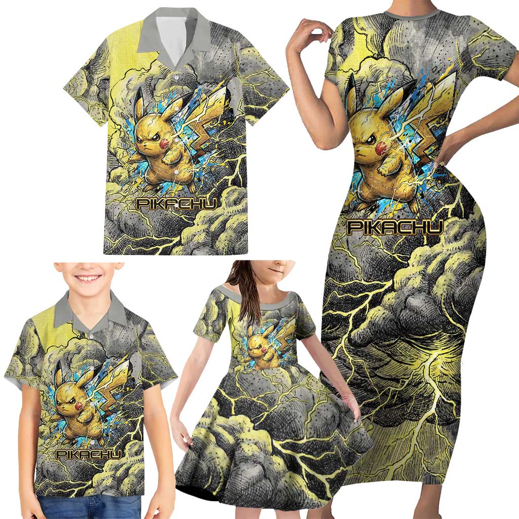 Pikachu Stormbreaker Edition Family Matching Short Sleeve Bodycon Dress and Hawaiian Shirt Pikachu Amid Thunder Clouds