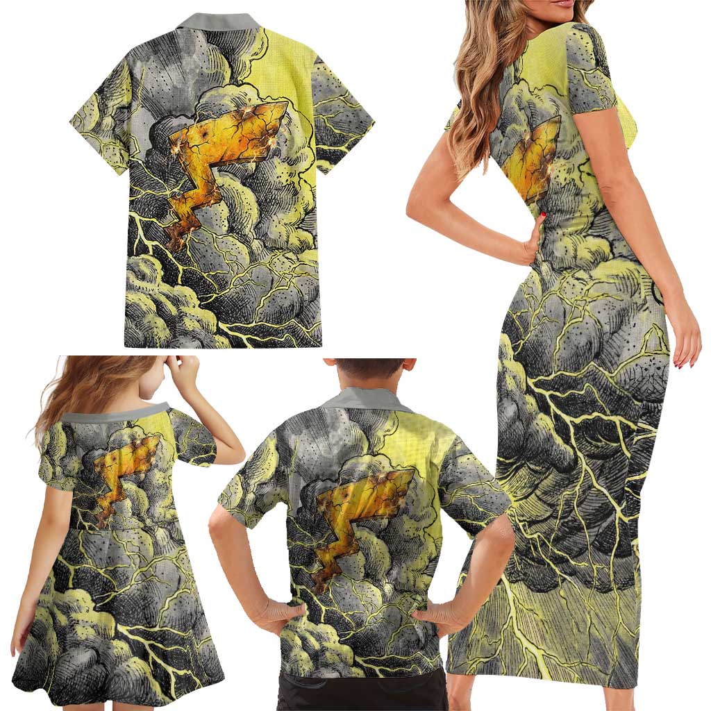 Pikachu Stormbreaker Edition Family Matching Short Sleeve Bodycon Dress and Hawaiian Shirt Pikachu Amid Thunder Clouds