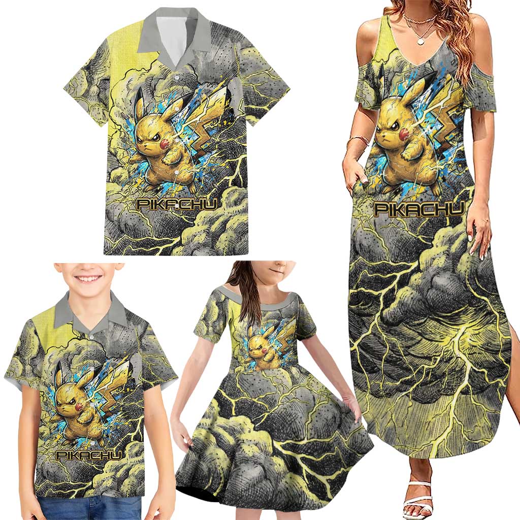 Pikachu Stormbreaker Edition Family Matching Summer Maxi Dress and Hawaiian Shirt Pikachu Amid Thunder Clouds