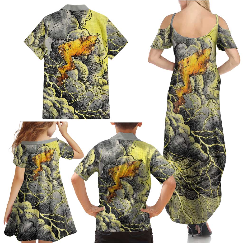 Pikachu Stormbreaker Edition Family Matching Summer Maxi Dress and Hawaiian Shirt Pikachu Amid Thunder Clouds