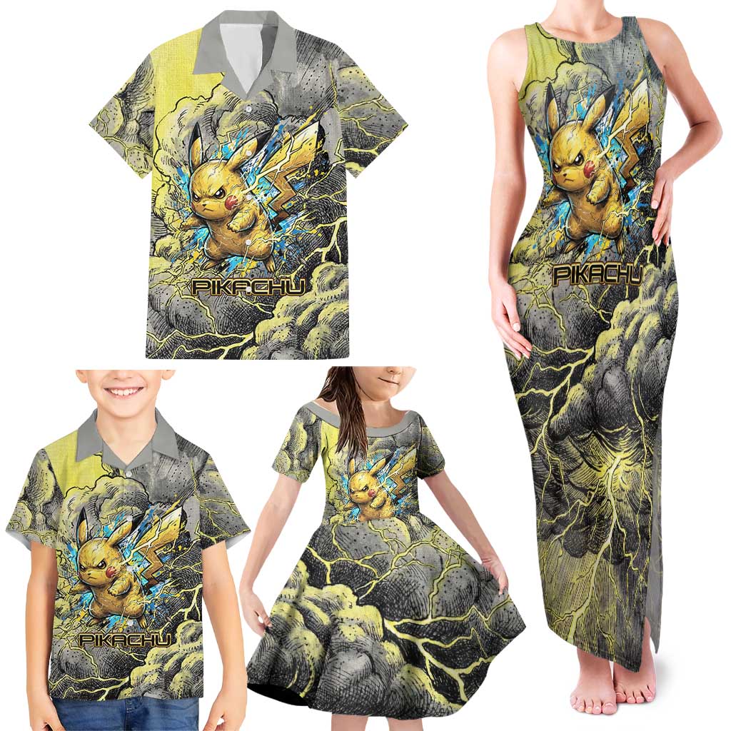 Pikachu Stormbreaker Edition Family Matching Tank Maxi Dress and Hawaiian Shirt Pikachu Amid Thunder Clouds
