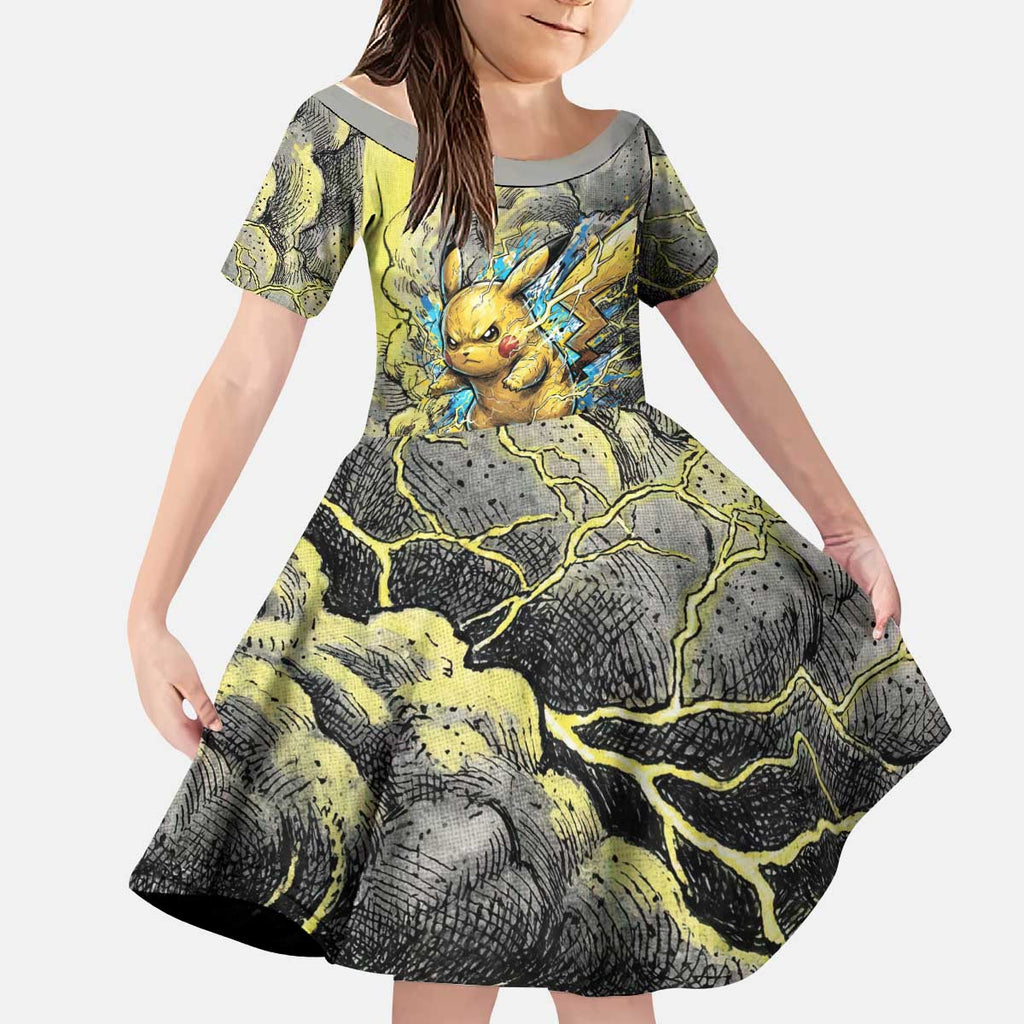 Pikachu Stormbreaker Edition Kid Short Sleeve Dress Pikachu Amid Thunder Clouds
