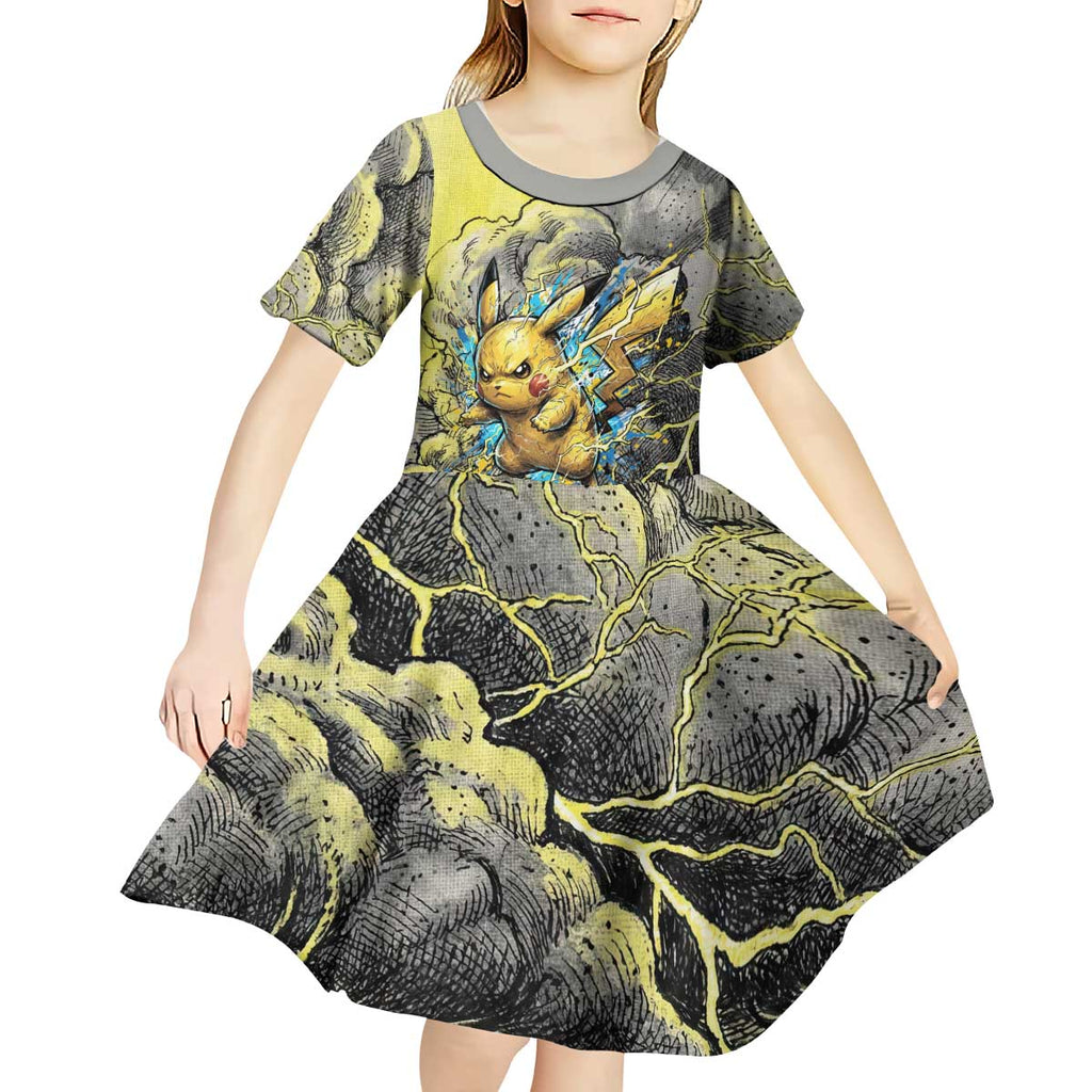 Pikachu Stormbreaker Edition Kid Short Sleeve Dress Pikachu Amid Thunder Clouds