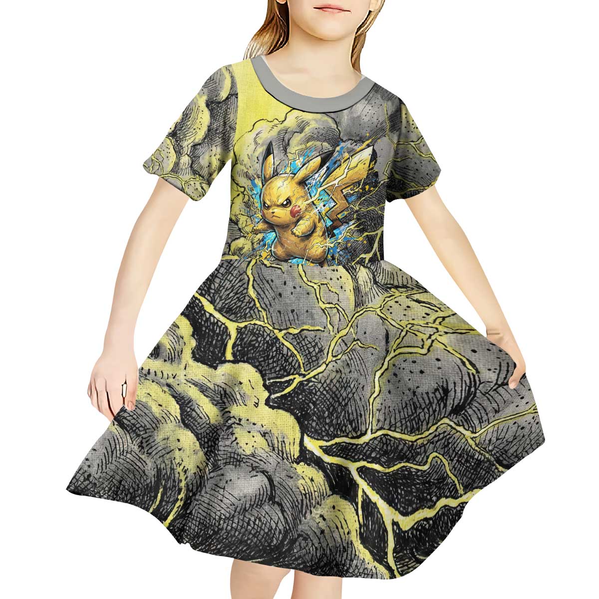 Pikachu Stormbreaker Edition Kid Short Sleeve Dress Pikachu Amid Thunder Clouds