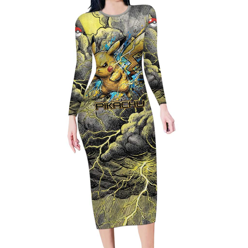 Pikachu Stormbreaker Edition Long Sleeve Bodycon Dress Pikachu Amid Thunder Clouds