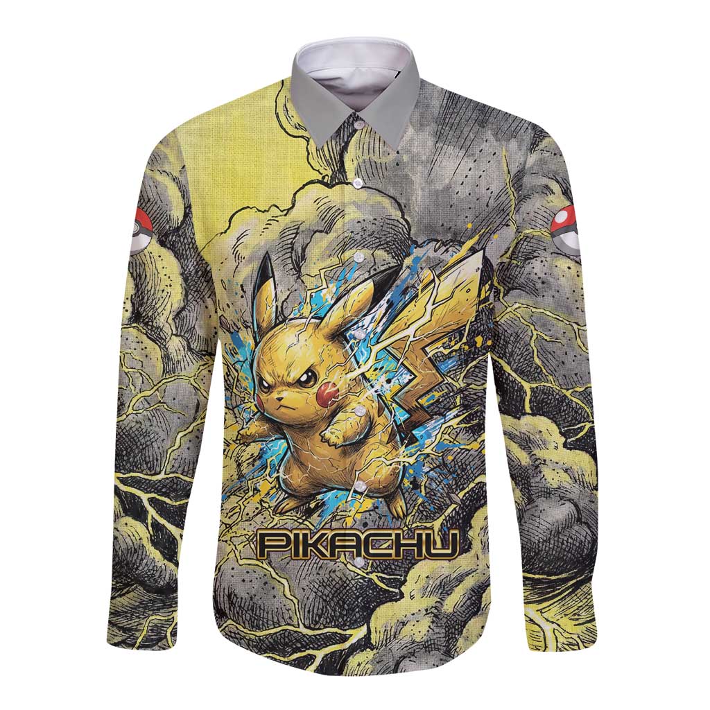 Pikachu Stormbreaker Edition Long Sleeve Button Shirt Pikachu Amid Thunder Clouds