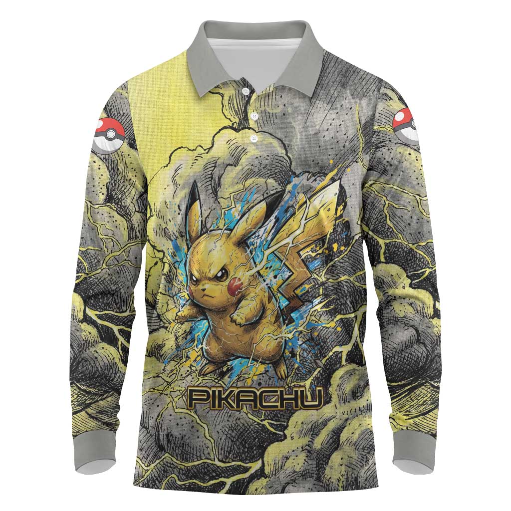 Pikachu Stormbreaker Edition Long Sleeve Polo Shirt Pikachu Amid Thunder Clouds