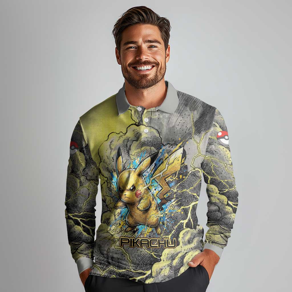 Pikachu Stormbreaker Edition Long Sleeve Polo Shirt Pikachu Amid Thunder Clouds