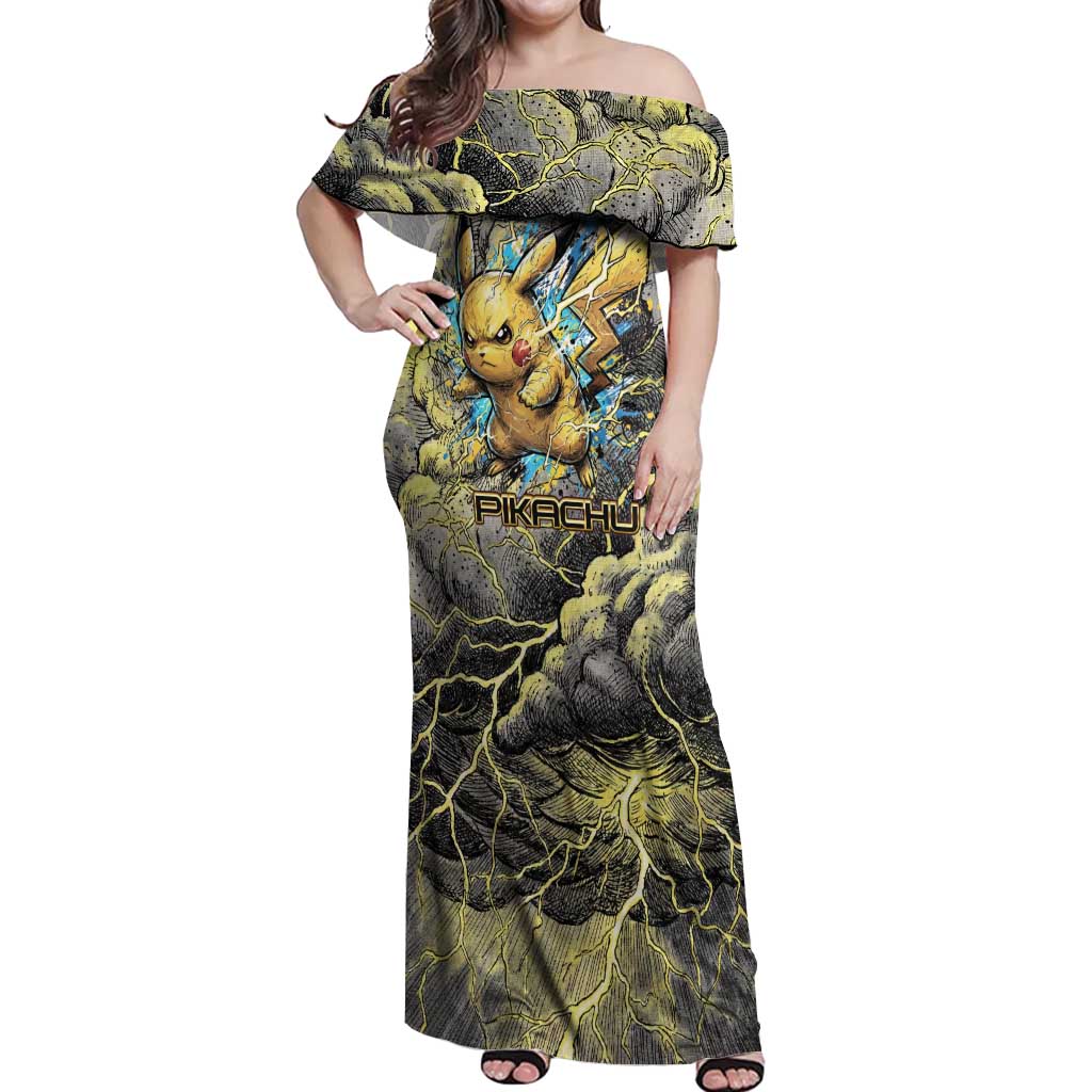 Pikachu Stormbreaker Edition Off Shoulder Maxi Dress Pikachu Amid Thunder Clouds