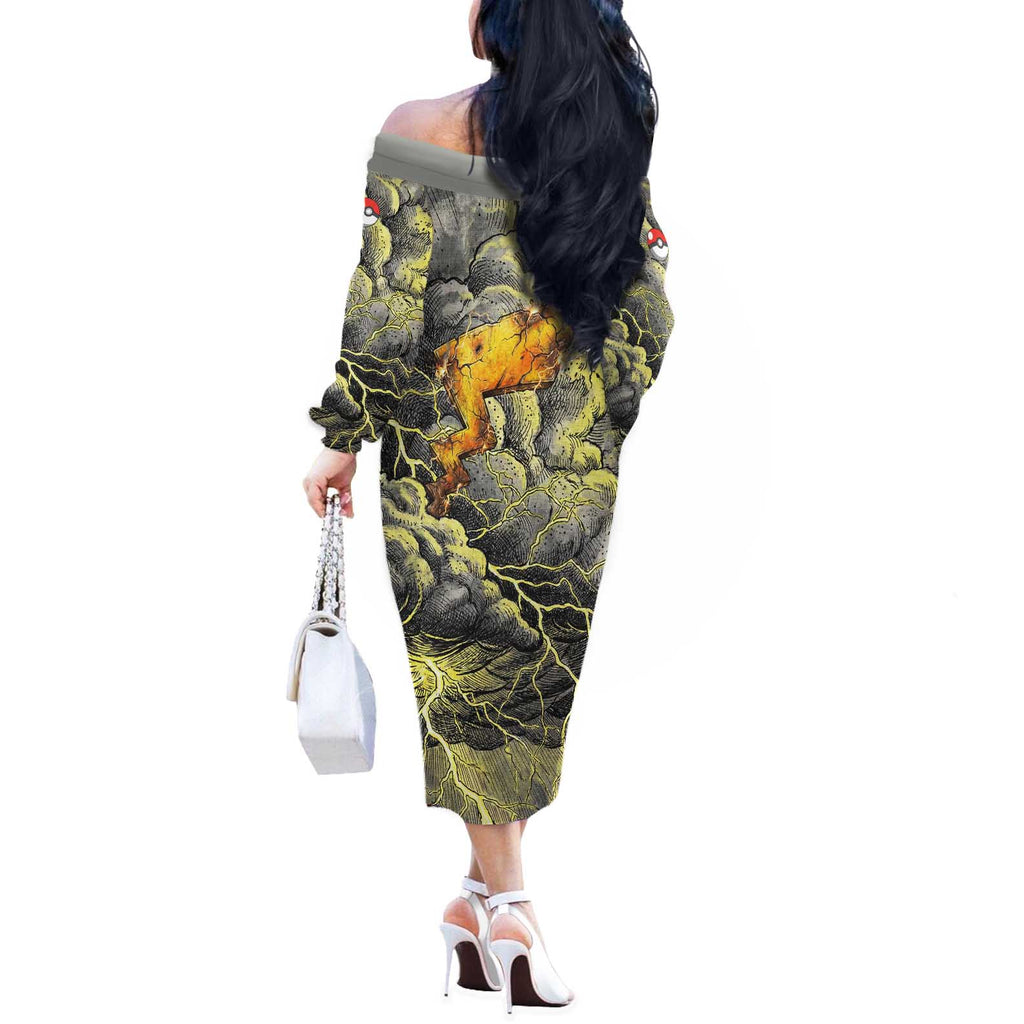 Pikachu Stormbreaker Edition Off The Shoulder Long Sleeve Dress Pikachu Amid Thunder Clouds