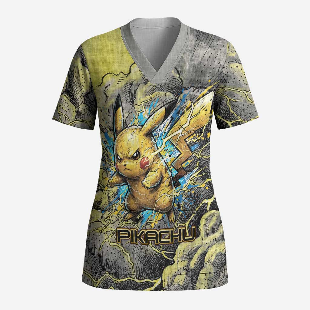 Pikachu Stormbreaker Edition Scrub Top Pikachu Amid Thunder Clouds