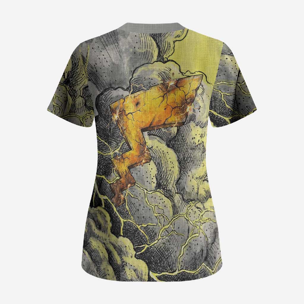 Pikachu Stormbreaker Edition Scrub Top Pikachu Amid Thunder Clouds
