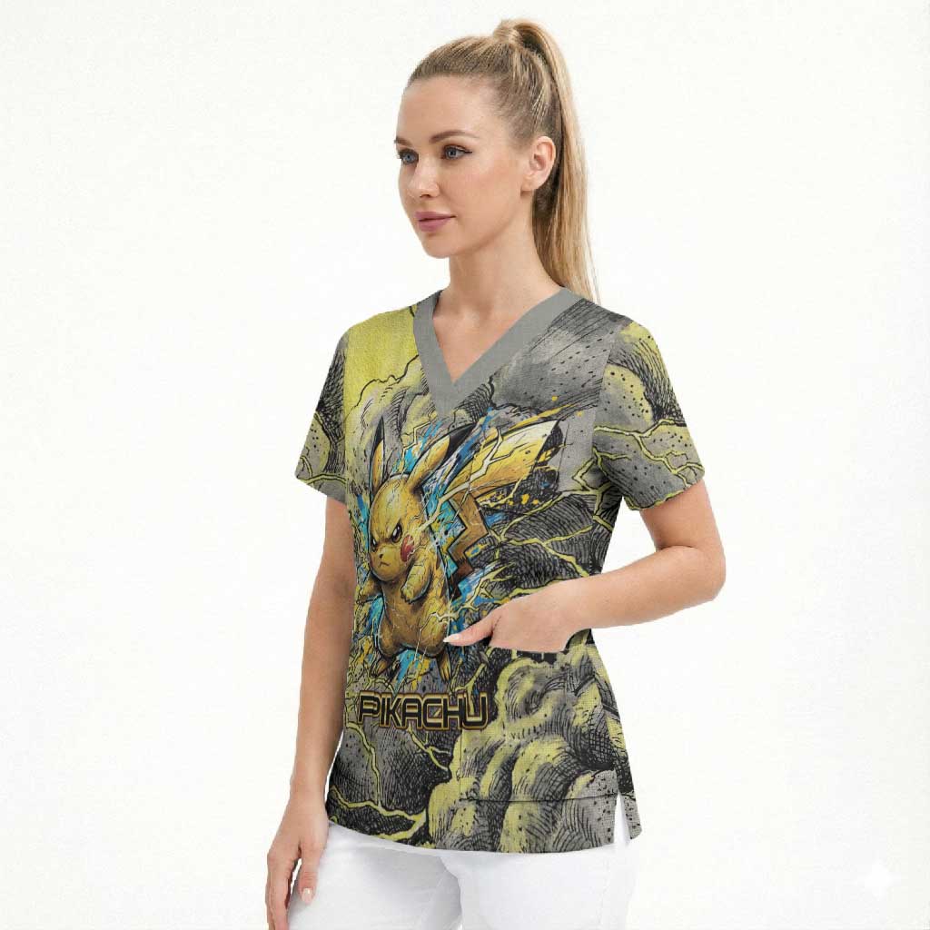 Pikachu Stormbreaker Edition Scrub Top Pikachu Amid Thunder Clouds
