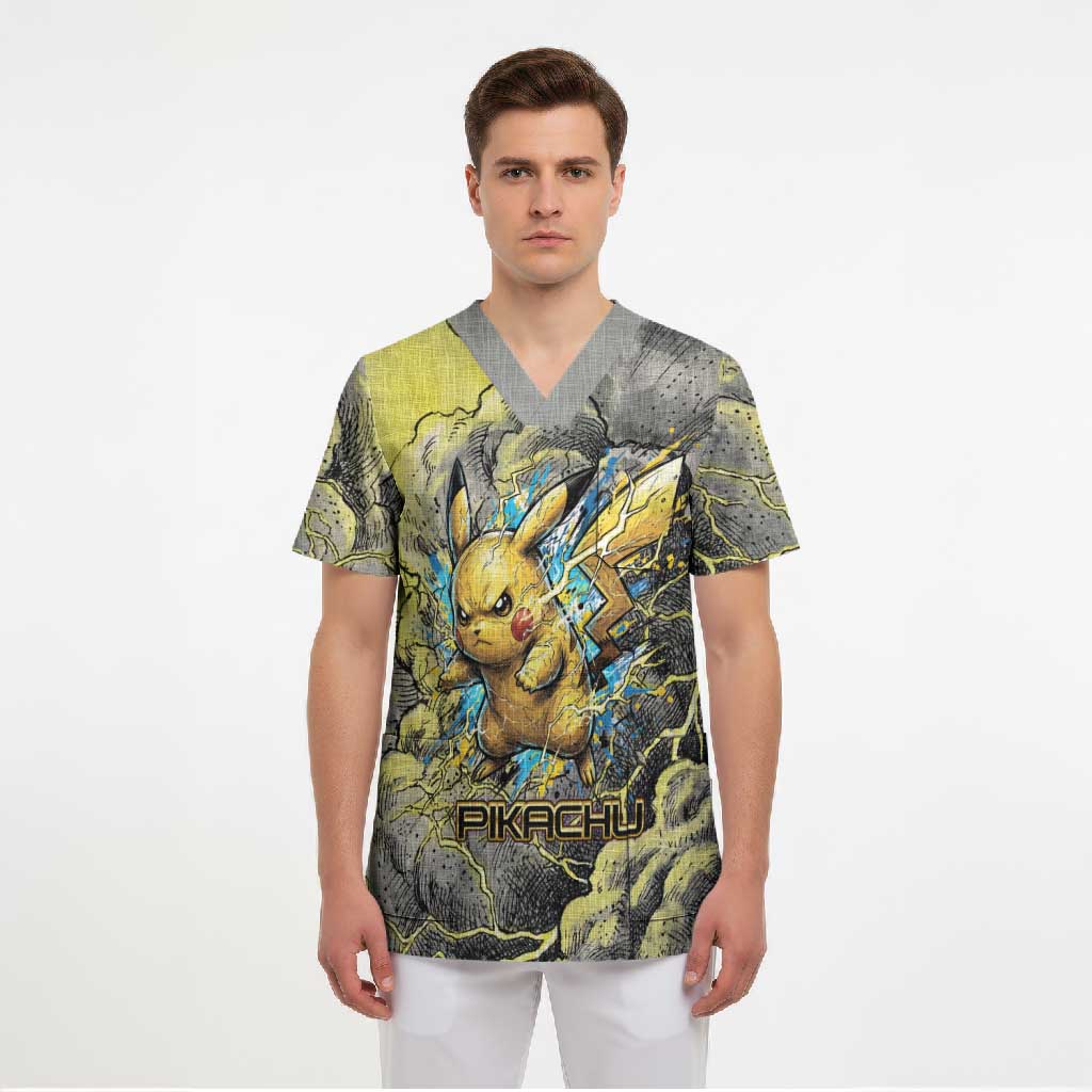 Pikachu Stormbreaker Edition Scrub Top Pikachu Amid Thunder Clouds
