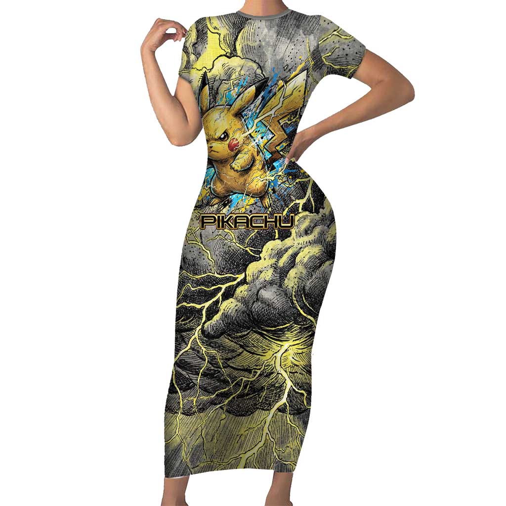 Pikachu Stormbreaker Edition Short Sleeve Bodycon Dress Pikachu Amid Thunder Clouds