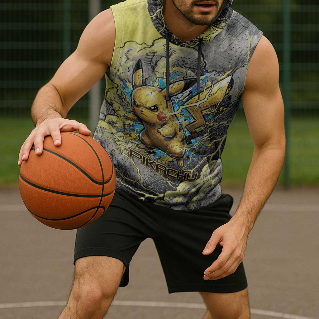 Pikachu Stormbreaker Edition Sleeveless Hoodie Pikachu Amid Thunder Clouds