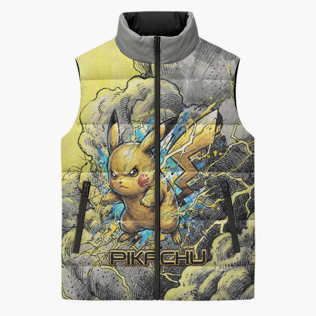 Pikachu Stormbreaker Edition Sleeveless Puffer Jacket Pikachu Amid Thunder Clouds