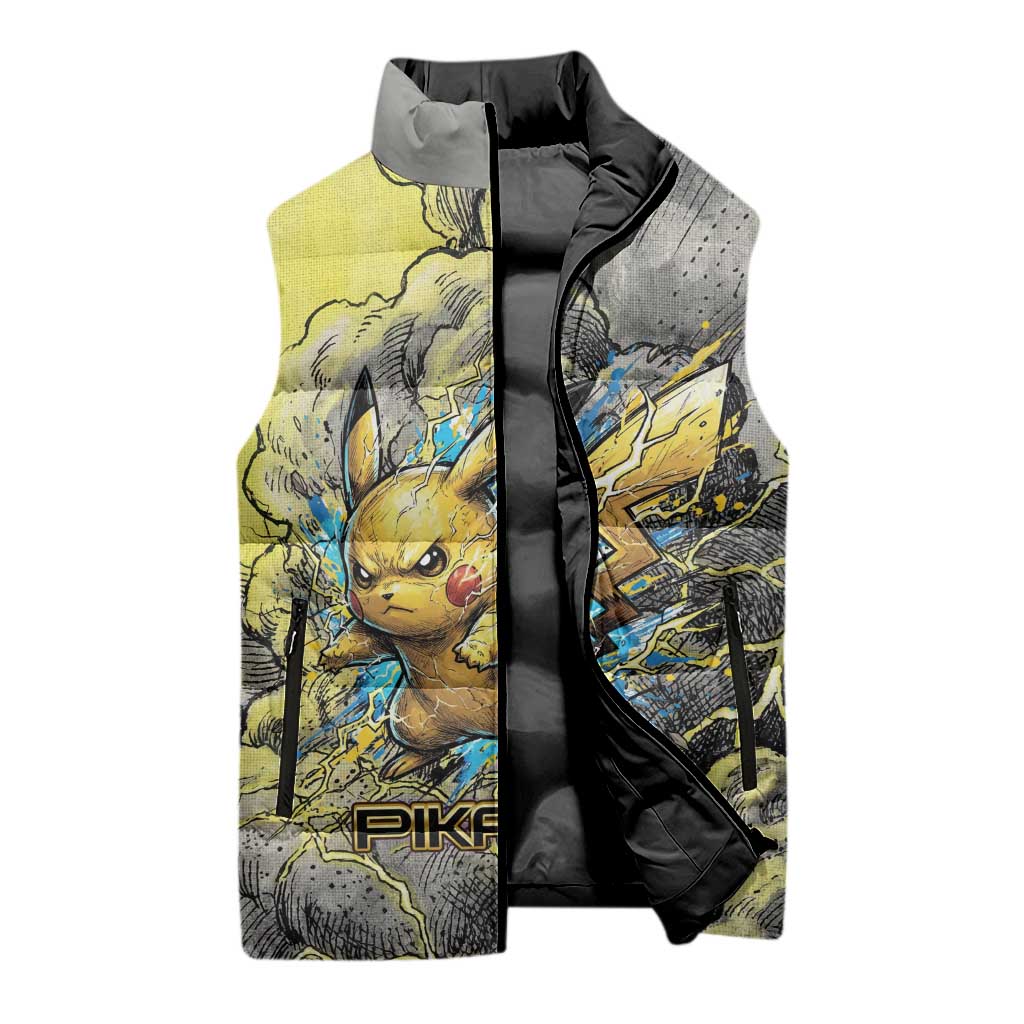 Pikachu Stormbreaker Edition Sleeveless Puffer Jacket Pikachu Amid Thunder Clouds