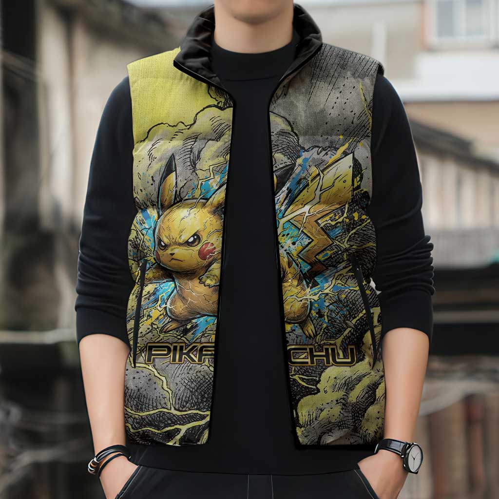 Pikachu Stormbreaker Edition Sleeveless Puffer Jacket Pikachu Amid Thunder Clouds