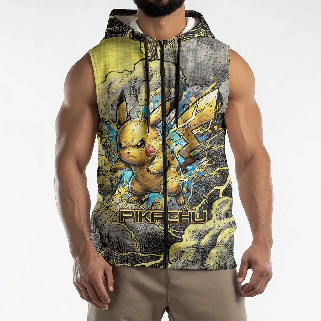 Pikachu Stormbreaker Edition Sleeveless Zip Hoodie Pikachu Amid Thunder Clouds