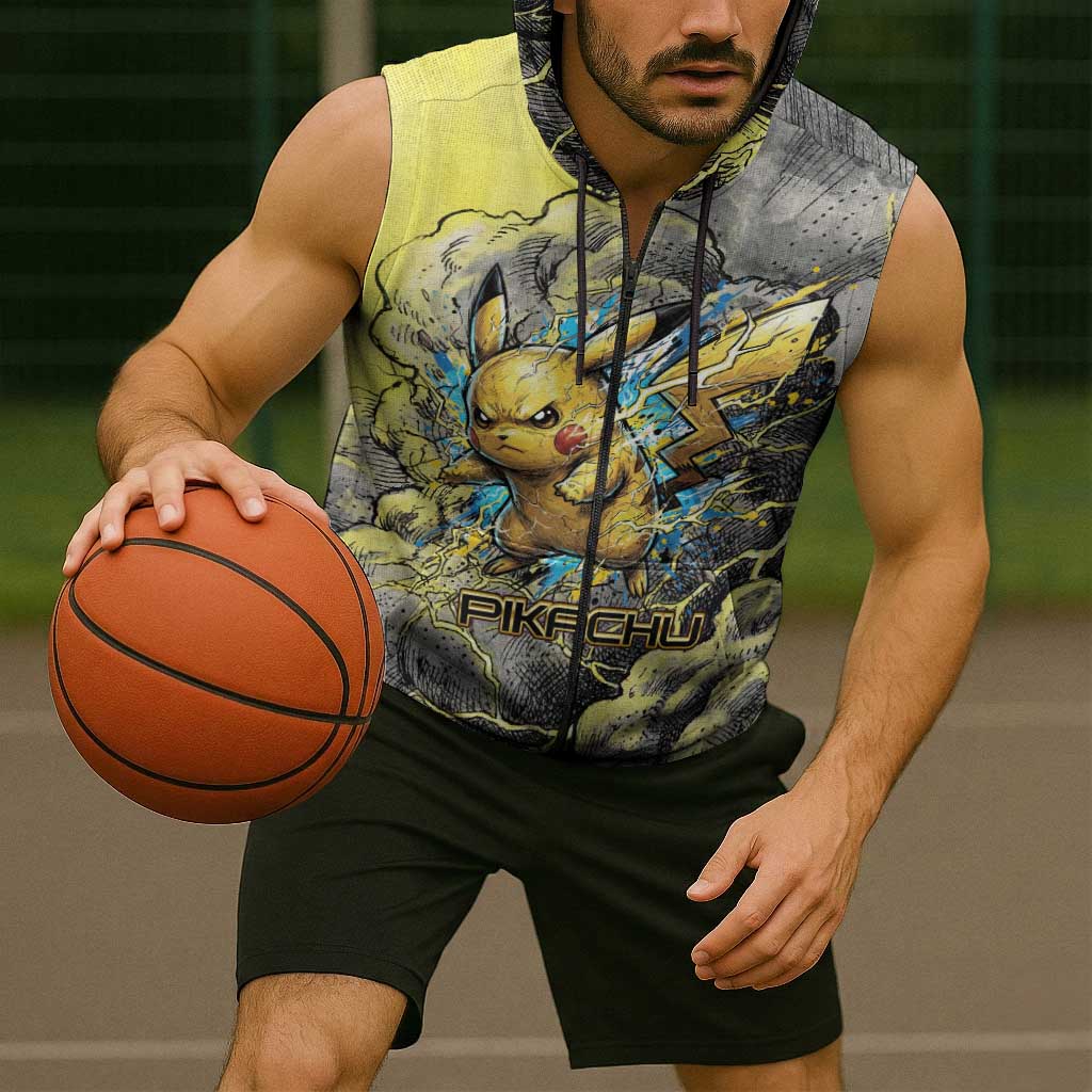 Pikachu Stormbreaker Edition Sleeveless Zip Hoodie Pikachu Amid Thunder Clouds