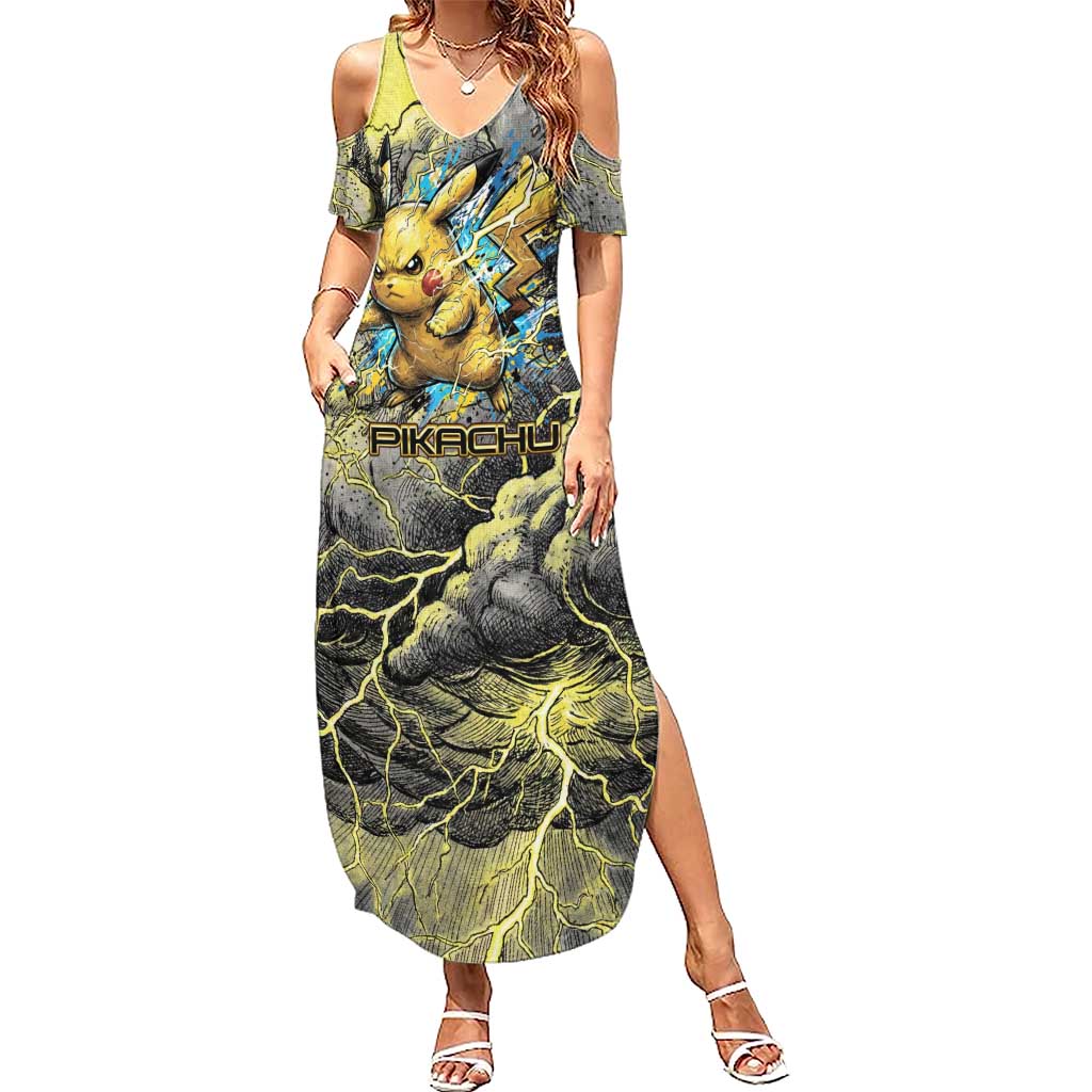 Pikachu Stormbreaker Edition Summer Maxi Dress Pikachu Amid Thunder Clouds