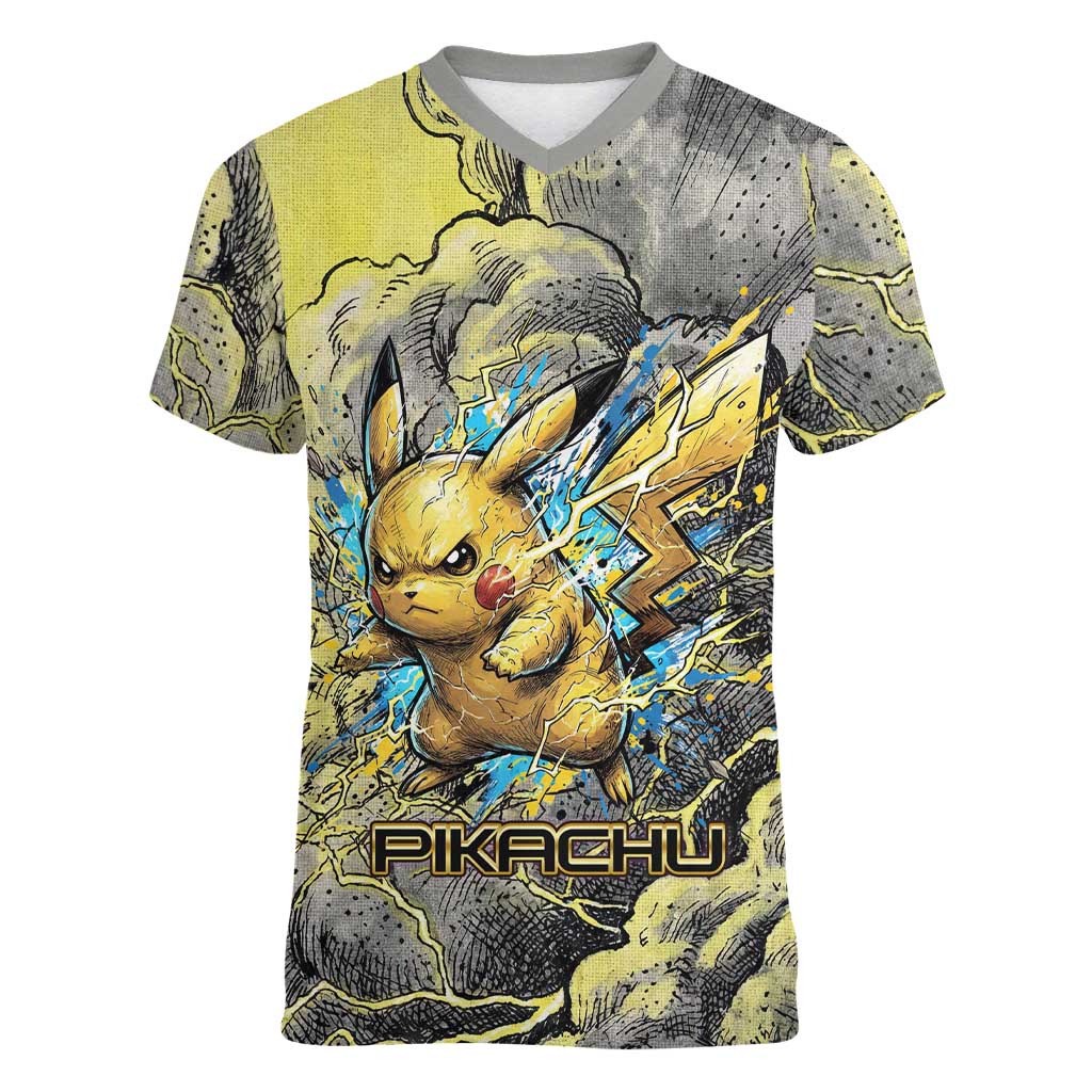 Pikachu Stormbreaker Edition Women V-Neck T-Shirt Pikachu Amid Thunder Clouds